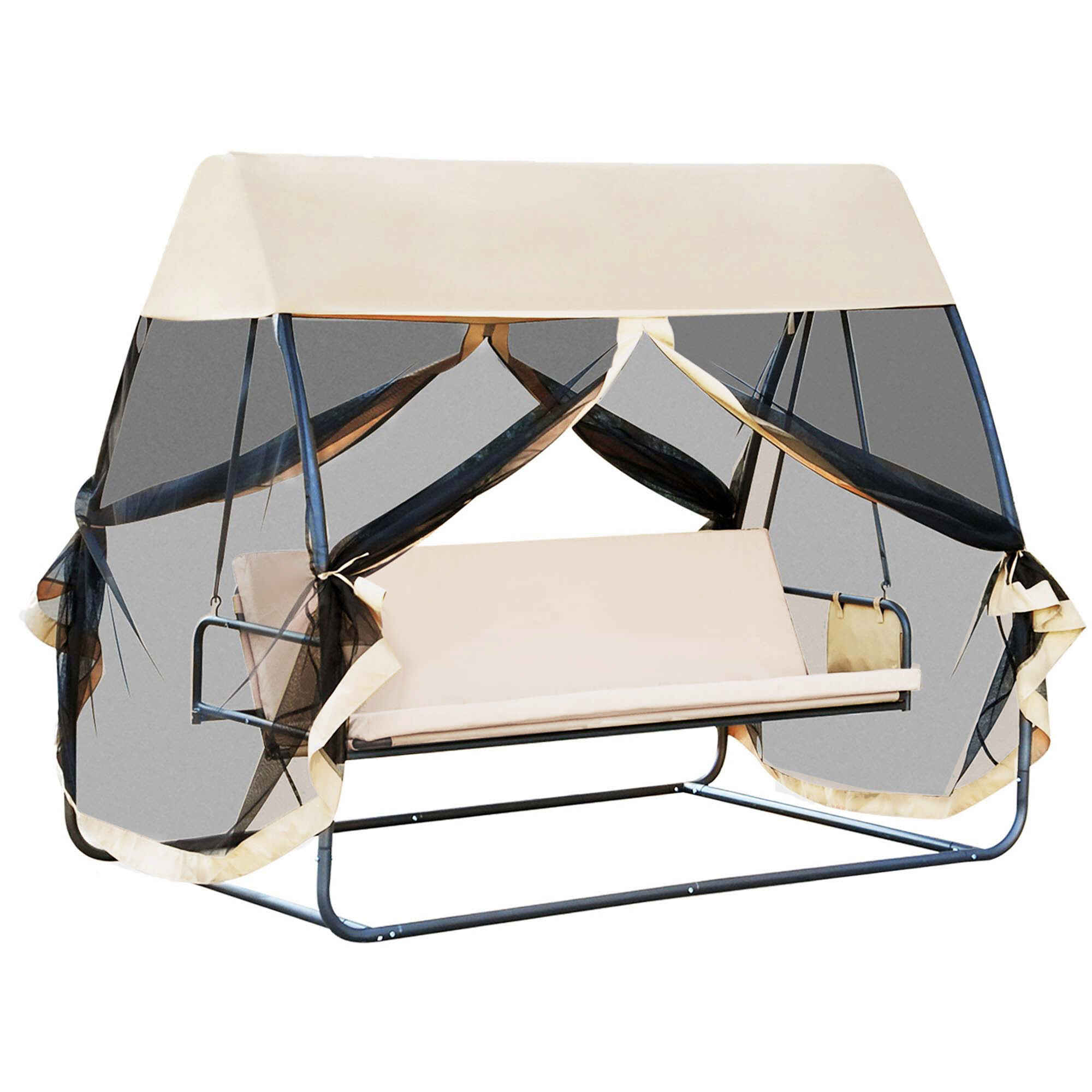 Columpio de Jardín 3 Plazas Convertible en Cama con Mosquitera de Puertas Espacio de Almacenaje Terraza Balcón Exterior 240x140x197 cm Acero Carga Máx. 300 kg Crema