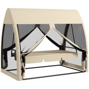 Balancín de Jardín de 3 Plazas Convertible en Cama Columpio Jardín Exterior con Mosquitera Estructura de Metal Carga 300 kg 240x140x197 cm Beige