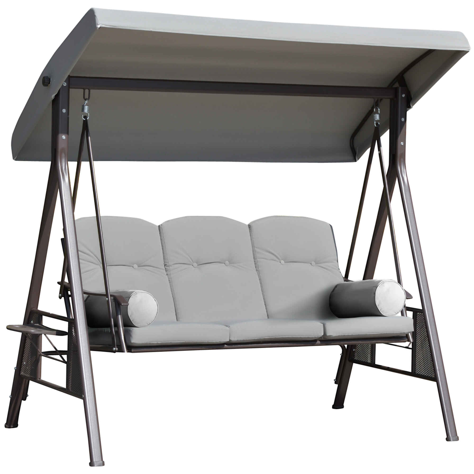 Balancín de Jardín Exterior de 3 Plazas Columpio de Jardín Exterior con Toldo Ajustable Bandejas Laterales 2 Almohadas y Marco de Metal Carga 360 kg 206x116x183 cm Gris