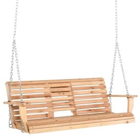 Banco Columpio de 2-3 Plazas Banco Colgante de Madera con Mesa de Centro Plegable 2 Portavasos y Reposabrazos Carga 200 kg para Jardín Terraza Balcón 150x75x53 cm Natural