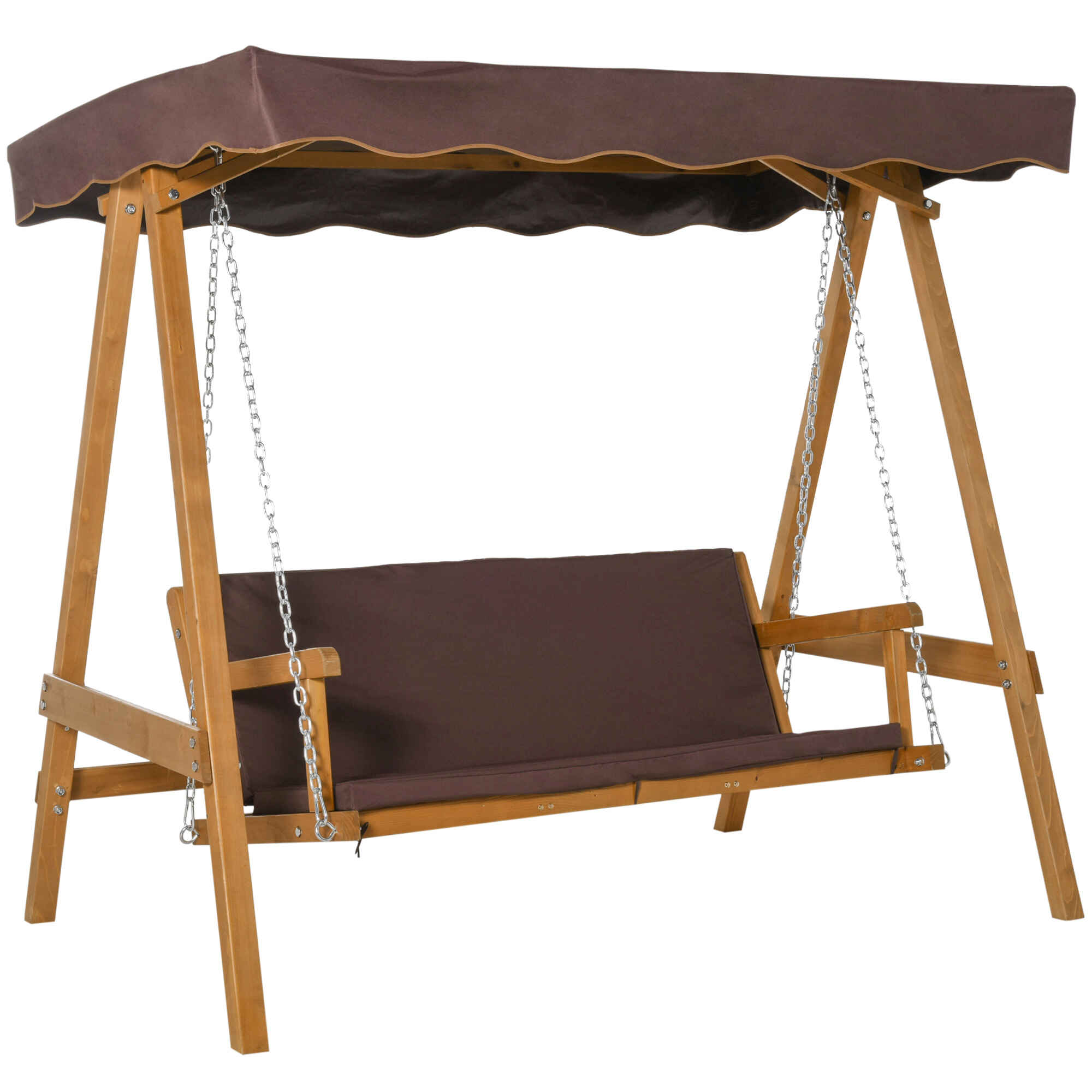 Columpio de Jardín de Madera de 3 Plazas con Cojín y Respaldo Acolchados Extraíbles Ángulo del Toldo y Altura del Asiento Ajustable Exteriores 205x130x185 cm Marrón