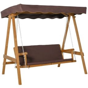 Columpio de Jardín de Madera de 3 Plazas con Cojín y Respaldo Acolchados Extraíbles Ángulo del Toldo y Altura del Asiento Ajustable Exteriores 205x130x185 cm Marrón