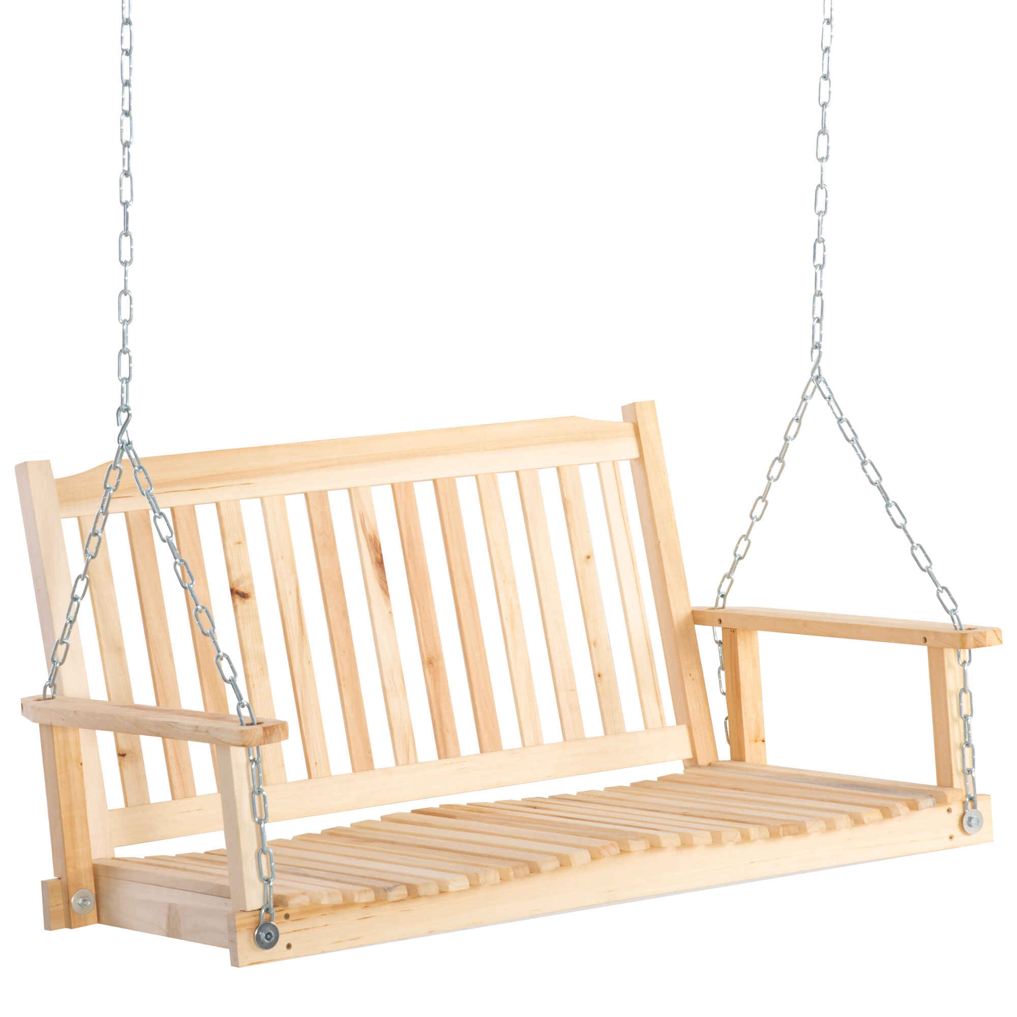 Banco Columpio de Madera de 2 Plazas Banco Balancín Colgante con Reposabrazos Cadenas Ajustables y Diseño Listones Carga 200 kg para Jardín Terraza Balcón 117x69x60 cm Natural