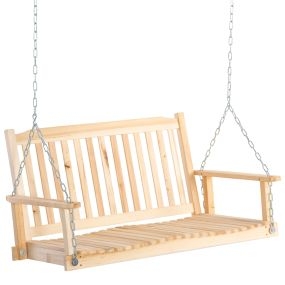Banco Columpio de Madera de 2 Plazas Banco Balancín Colgante con Reposabrazos Cadenas Ajustables y Diseño Listones Carga 200 kg para Jardín Terraza Balcón 117x69x60 cm Natural