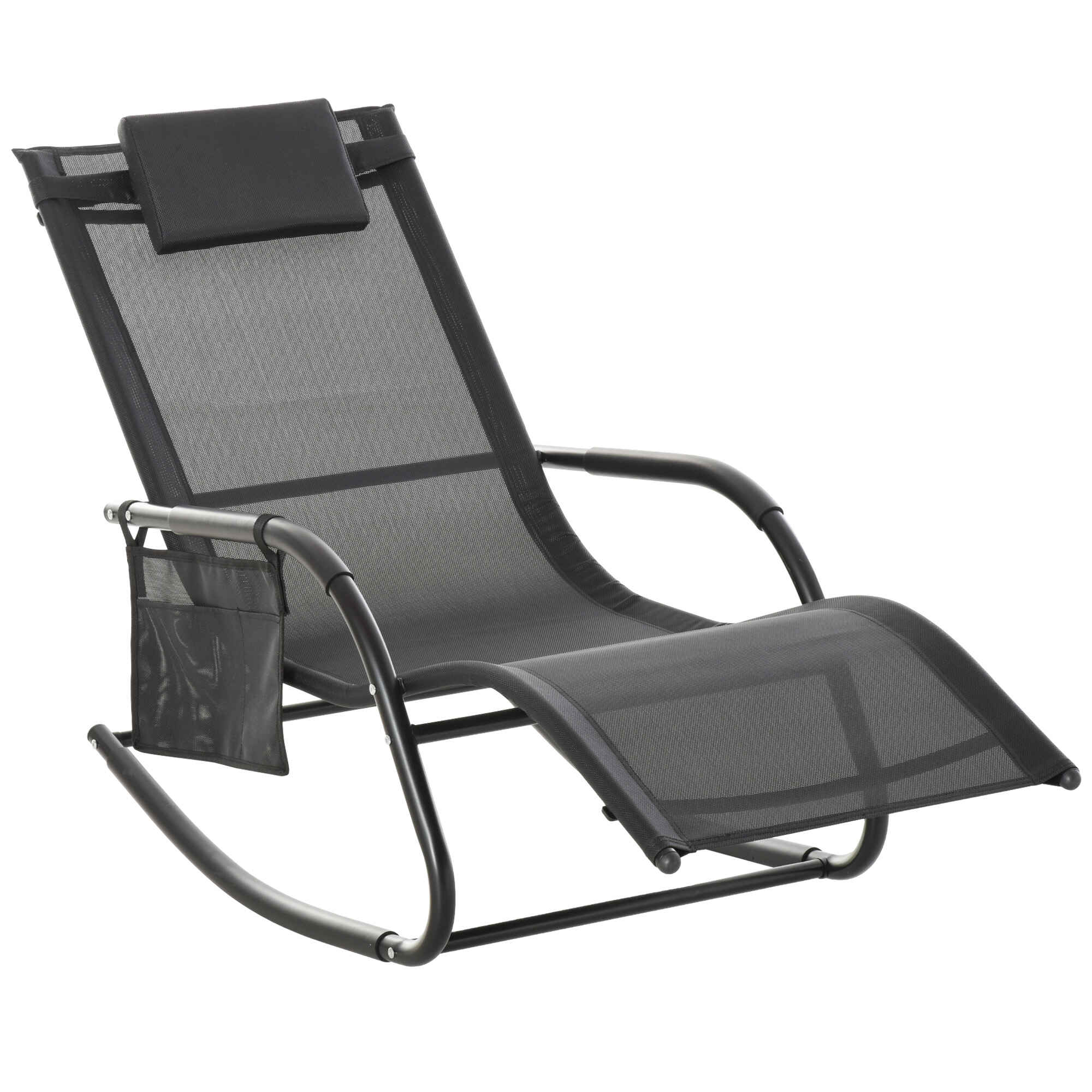 Mecedora de Exterior Tumbona Mecedora con Reposabrazos Reposacabezas Acolchado y Bolsillo Lateral Carga 120 kg para Jardín Terraza Patio 150x62x88 cm Negro