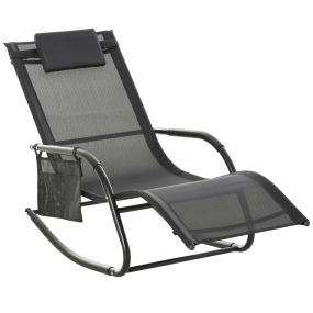 Mecedora de Exterior Tumbona Mecedora con Reposabrazos Reposacabezas Acolchado y Bolsillo Lateral Carga 120 kg para Jardín Terraza Patio 150x62x88 cm Negro