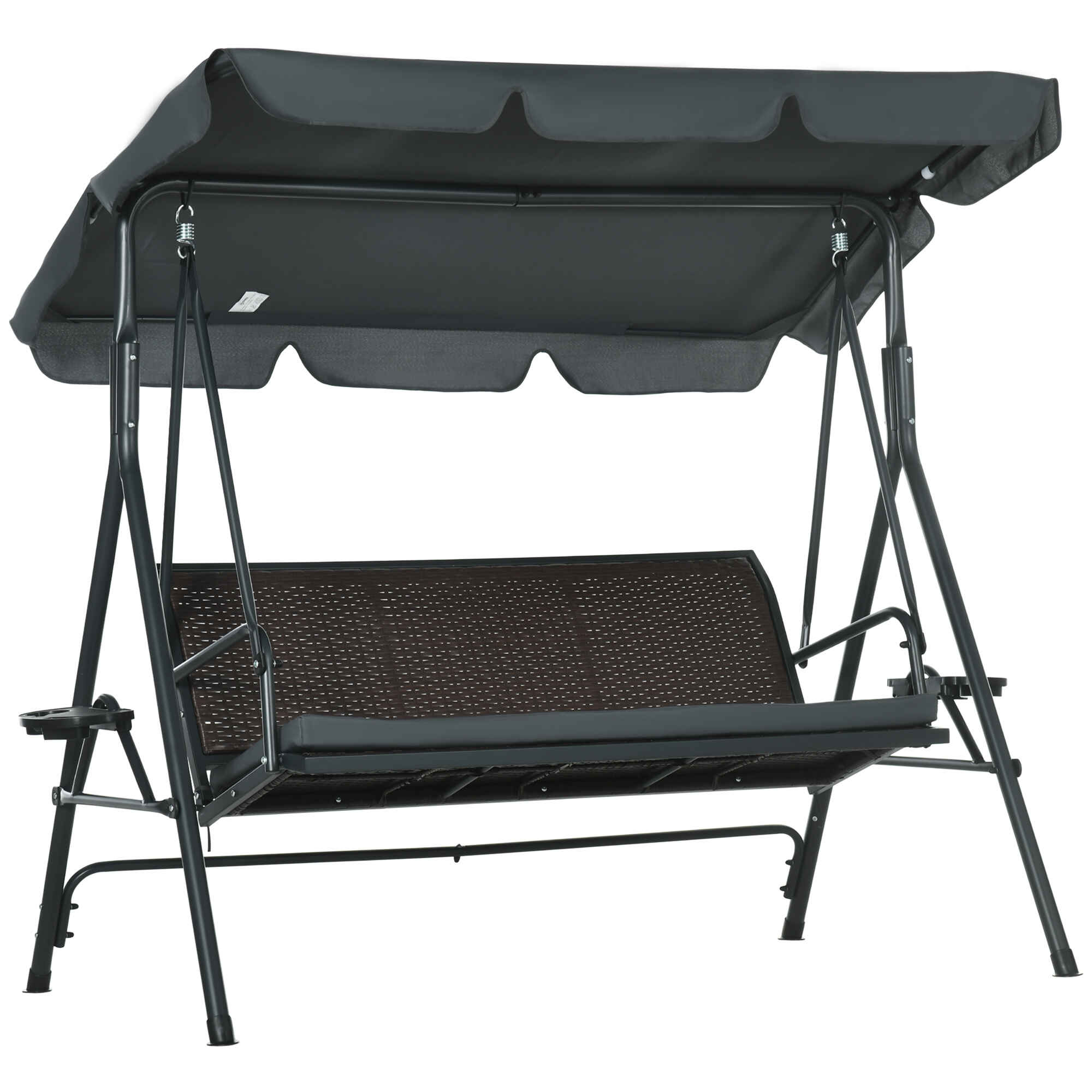 Columpio de Jardín de 3 Plazas Banco Balancín para Exterior con Toldo Ajustable Asiento de Ratán 2 Portavasos 2 Bandejas y Marco de Acero para Terraza Patio 204x112x150 cm Gris