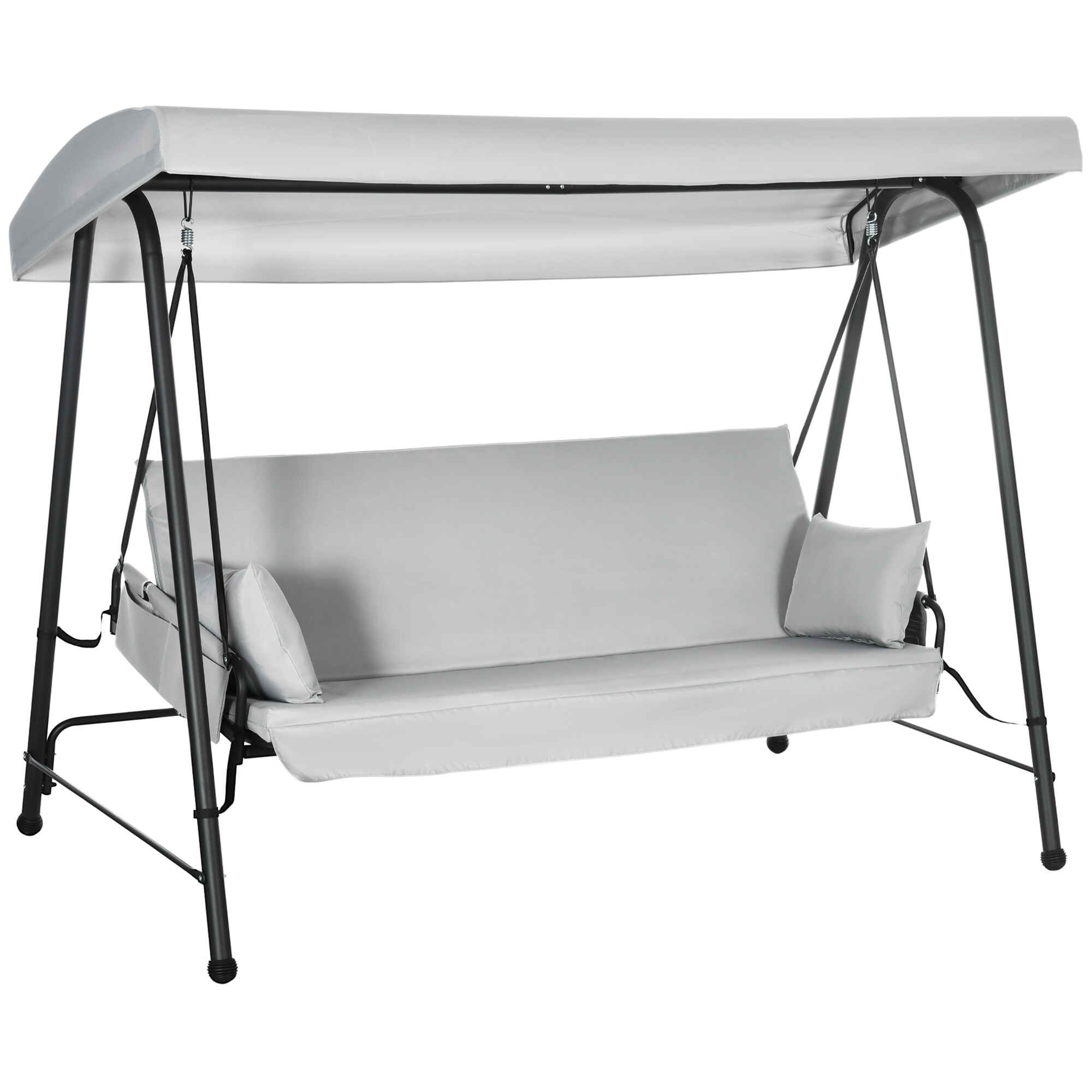 Columpio de Jardín de 3 Plazas Banco Balancín Convertible en Cama Toldo Reclinable 2 Cojines 2 Bolsillos Marco de Acero 236x138x185 cm Gris