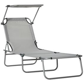 Tumbona Plegable Tumbona de Jardín Exterior Reclinable con Toldo Desmontable con Ángulo Regulable Respaldo Ajustable en 4 Niveles para Terraza Piscina Patio 187x58x36 cm Gris Claro