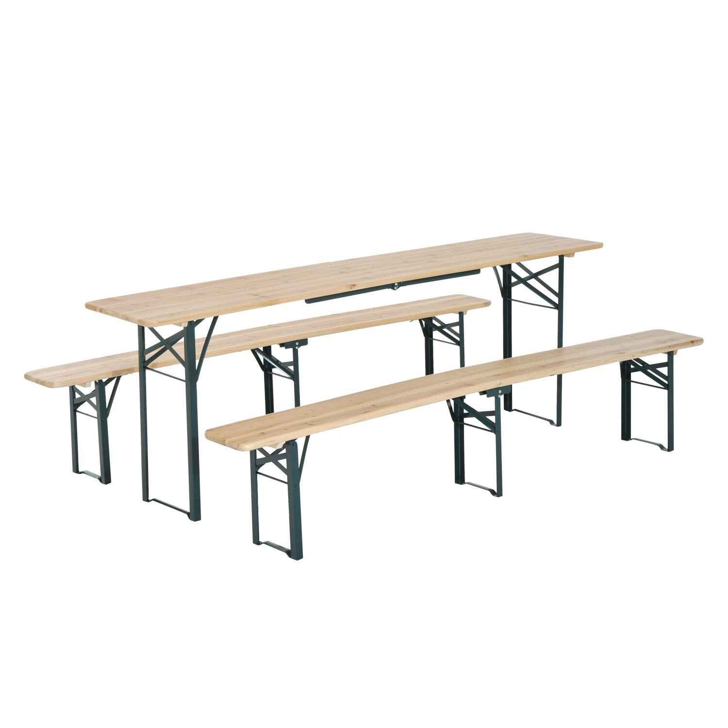 Conjunto de muebles de jardín para 4-6 personas Juego de Mesa 218x46x75 cm y 2 Bancos Plegables 218x24,5x43 cm para Exterior Camping Acampada al aire Madera y Verde