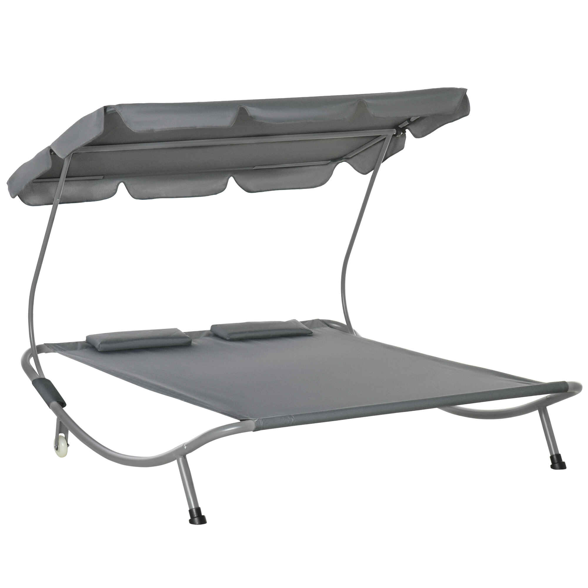 Tumbona Doble de Jardín con Toldo Ajustable Tumbona de Jardín Exterior con 2 Cojines para 2 Personas Tumbona de Piscina con 2 Ruedas 200x175x134 cm Gris