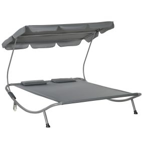 Tumbona Doble de Jardín con Toldo Ajustable Tumbona de Jardín Exterior con 2 Cojines para 2 Personas Tumbona de Piscina con 2 Ruedas 200x175x134 cm Gris