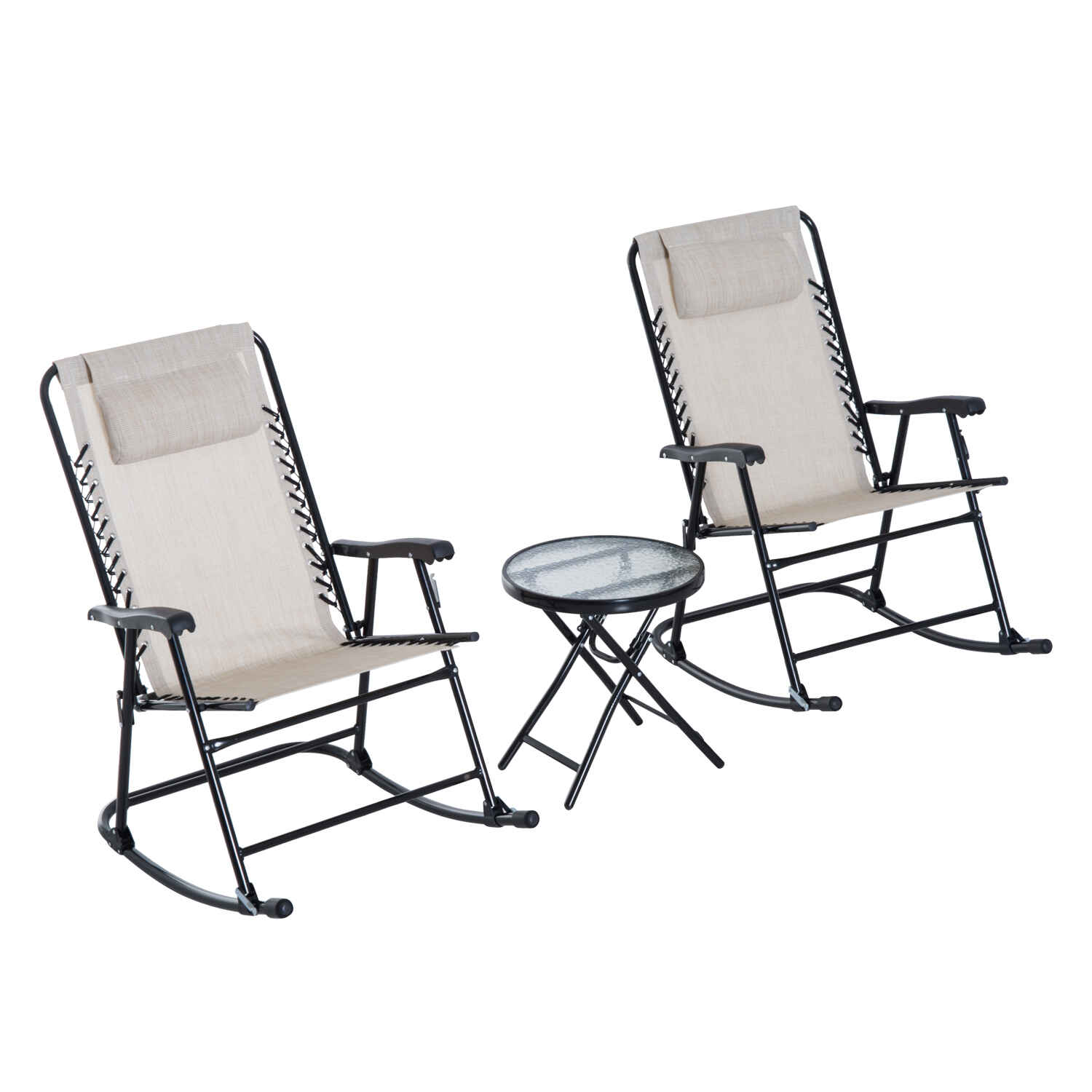 Set de Muebles de Jardín Mesa Redonda Ø46x49 cm y 2 Sillas Mecedoras 68x90x106 cm Plegables con Bloqueo para Exterior Patio Beige