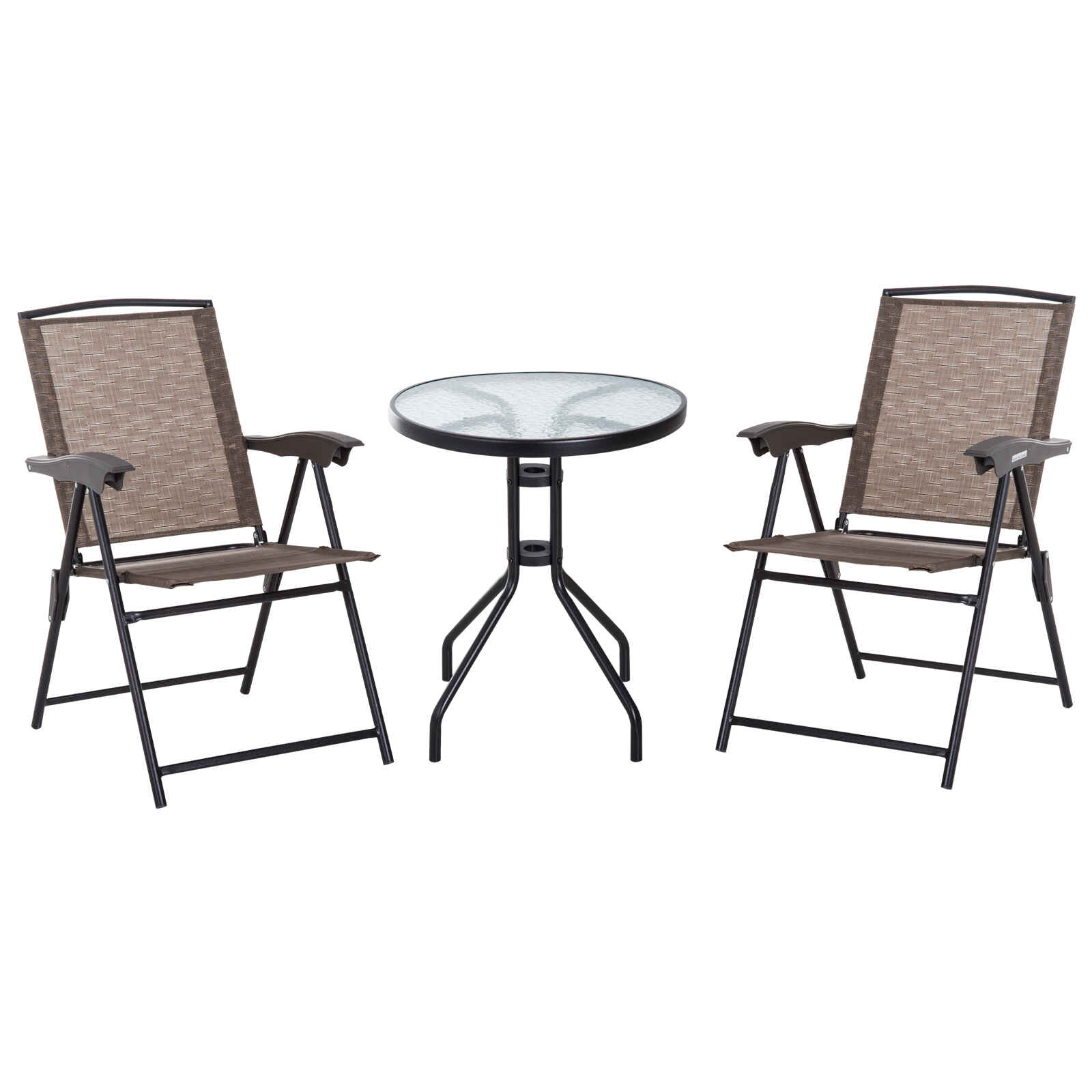 Conjunto Mesa y 2 Sillas Muebles para Jardín Exterior Patio Terraza Silla Plegable Respaldo Reclinable a 4 Niveles Texteline Marco Acero Marrón
