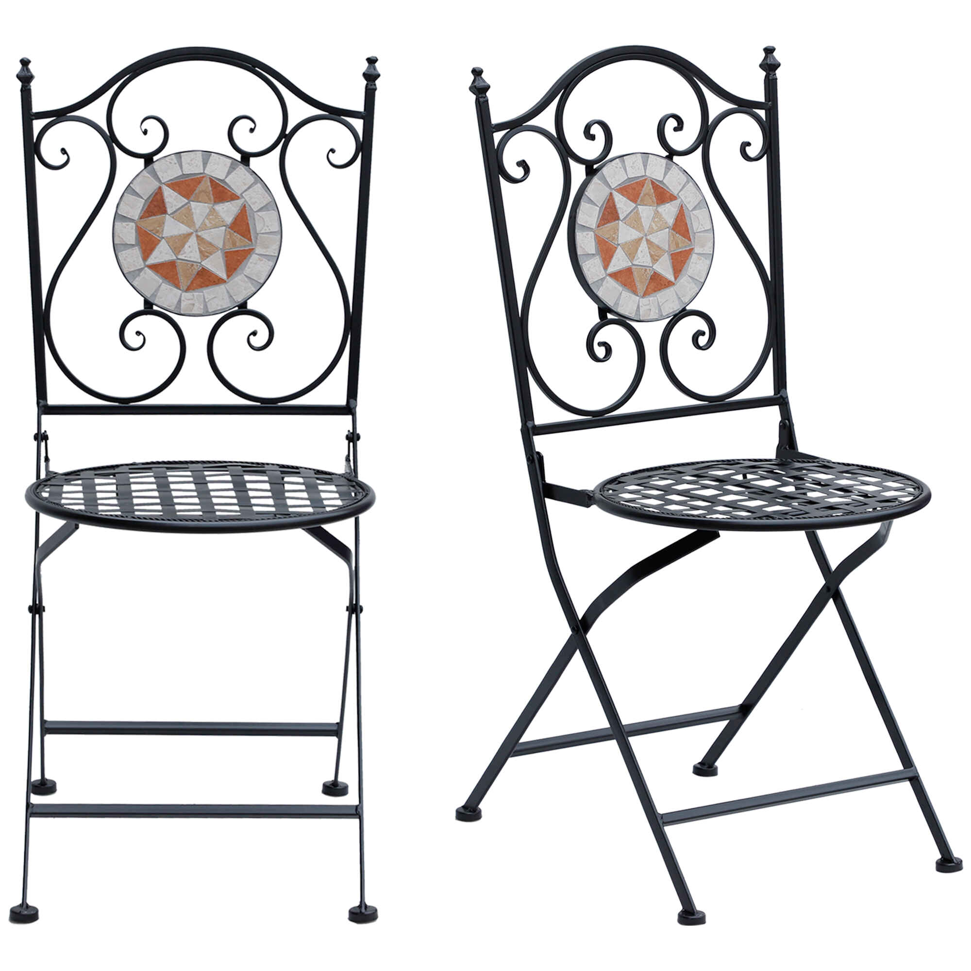 Set de 2 Sillas Plegables de Jardín Bistro Silla Asiento Mosaico para Terraza Balcón Metal Carga 120 kg 50x40x94,5 cm Negro