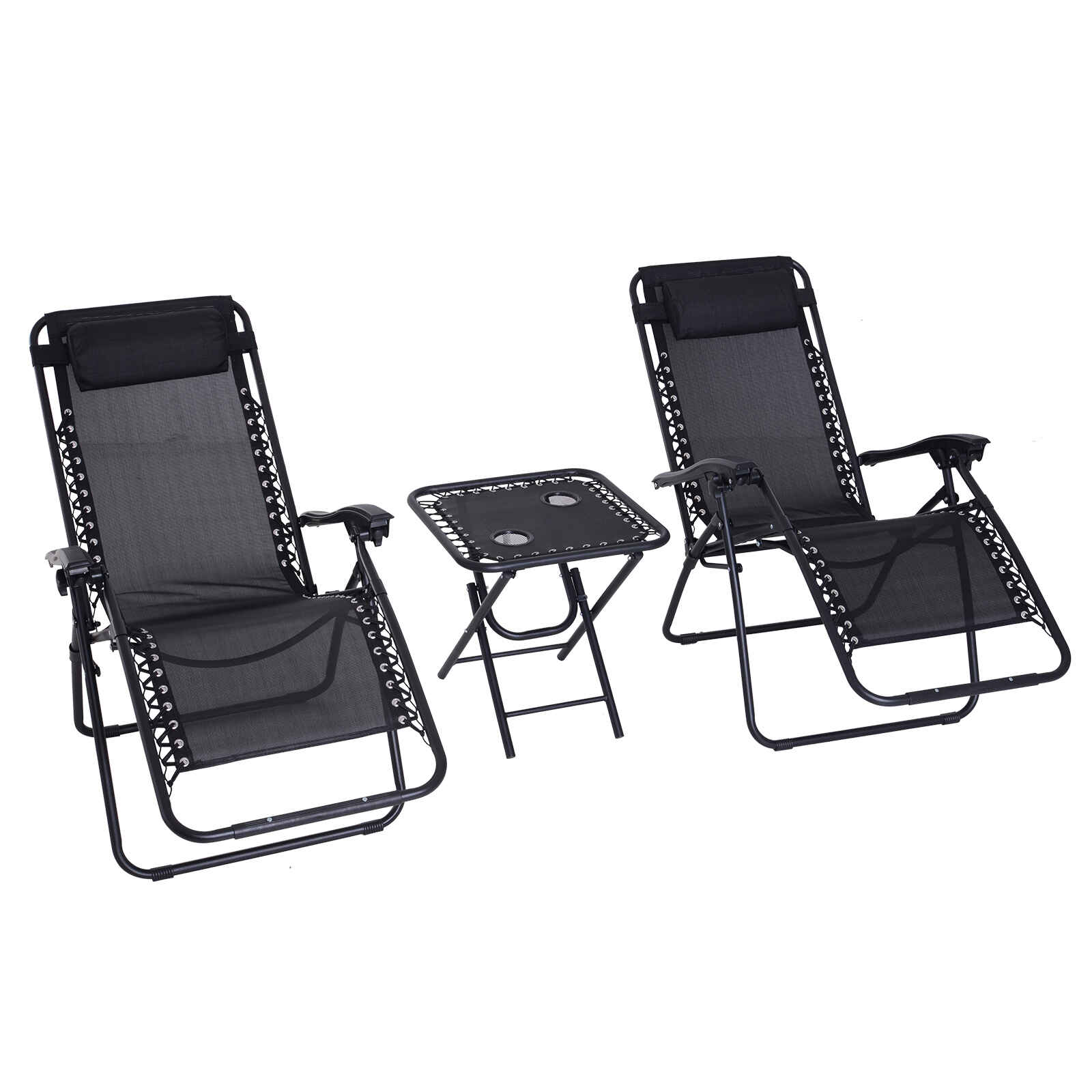 Set de 2 Sillas de Gravedad Cero Plegables 90x65x110 cm y Mesa Auxiliar 50x50x50 cm con 2 Portavasos Sillas Reclinables con Reposacabezas para Jardín Terraza Negro