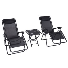 Set de 2 Sillas de Gravedad Cero Plegables 90x65x110 cm y Mesa Auxiliar 50x50x50 cm con 2 Portavasos Sillas Reclinables con Reposacabezas para Jardín Terraza Negro