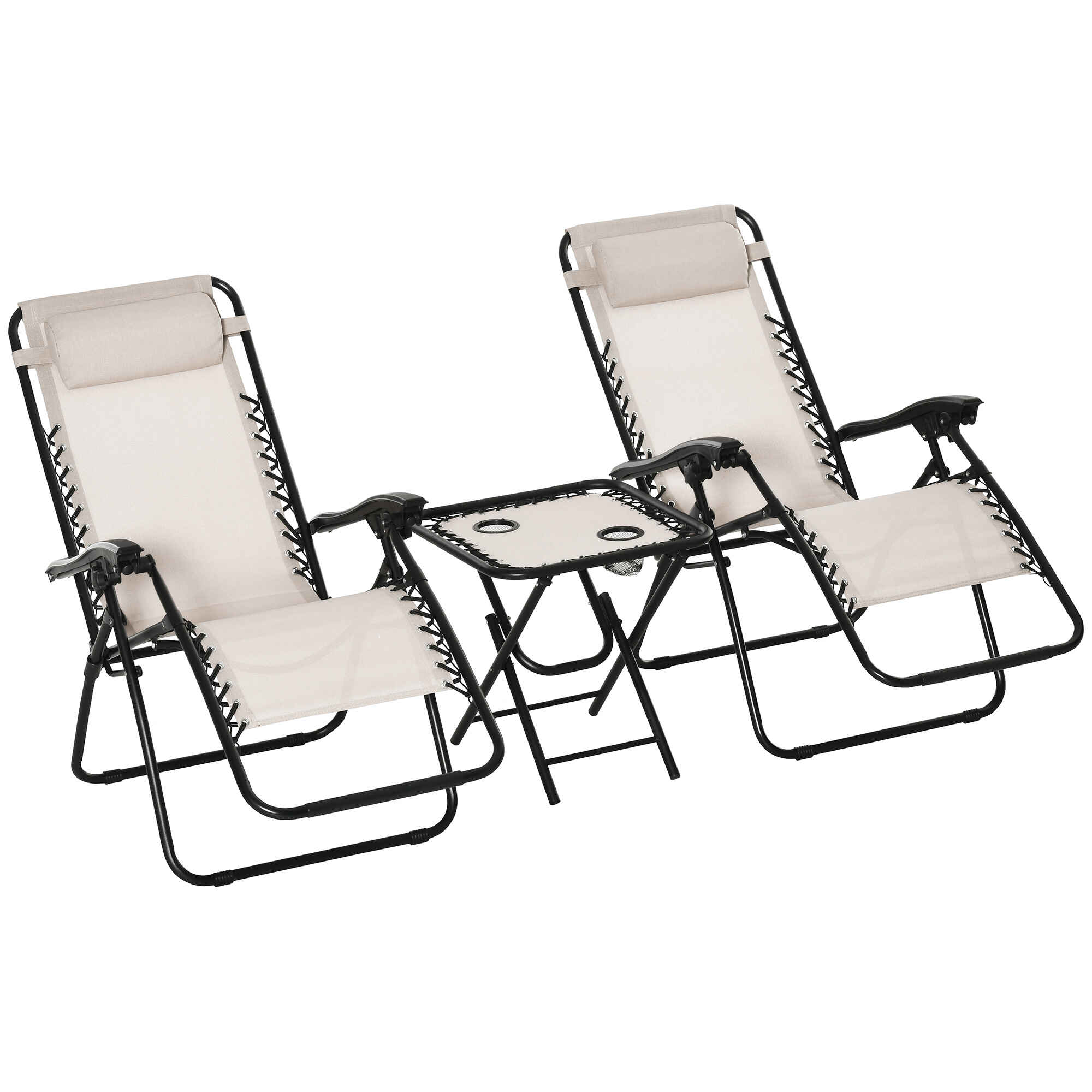 Set de 2 Sillas de Gravedad Cero Plegables 90x65x110 cm y Mesa Auxiliar 50x50x50 cm con 2 Portavasos Sillas Reclinables con Reposacabezas para Jardín Terraza Beige