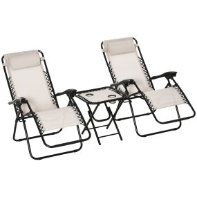 Set de 2 Sillas de Gravedad Cero Plegables 90x65x110 cm y Mesa Auxiliar 50x50x50 cm con 2 Portavasos Sillas Reclinables con Reposacabezas para Jardín Terraza Beige