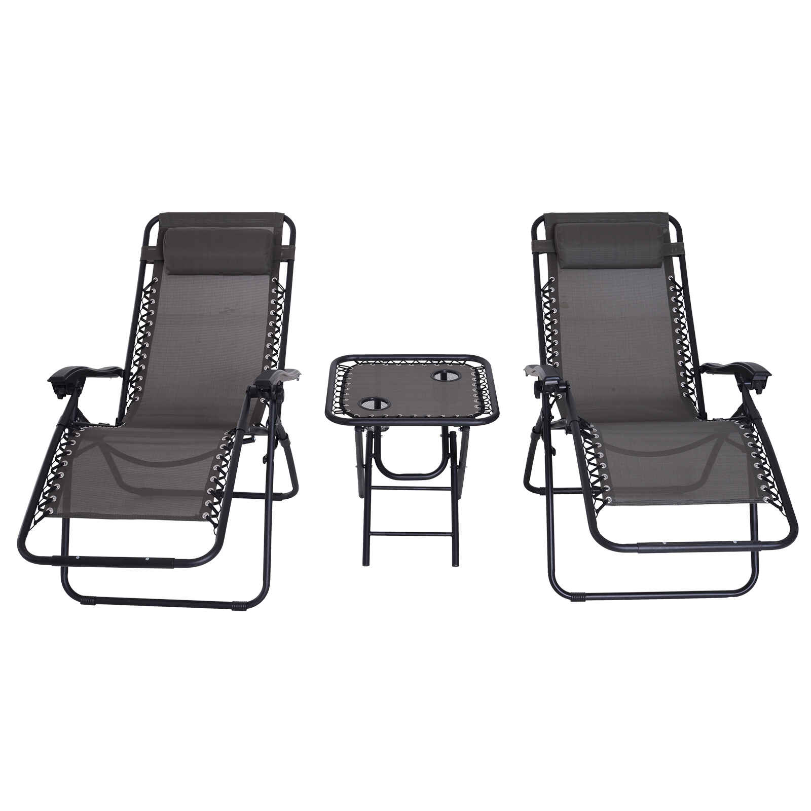 Set de 2 Sillas de Gravedad Cero Plegables 90x65x110 cm y Mesa Auxiliar 50x50x50 cm con 2 Portavasos Sillas Reclinables con Reposacabezas para Jardín Terraza Gris
