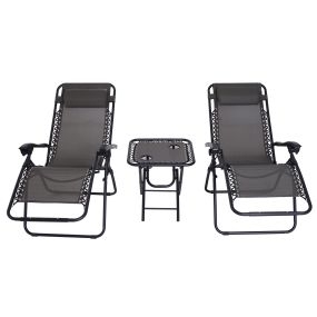 Set de 2 Sillas de Gravedad Cero Plegables 90x65x110 cm y Mesa Auxiliar 50x50x50 cm con 2 Portavasos Sillas Reclinables con Reposacabezas para Jardín Terraza Gris
