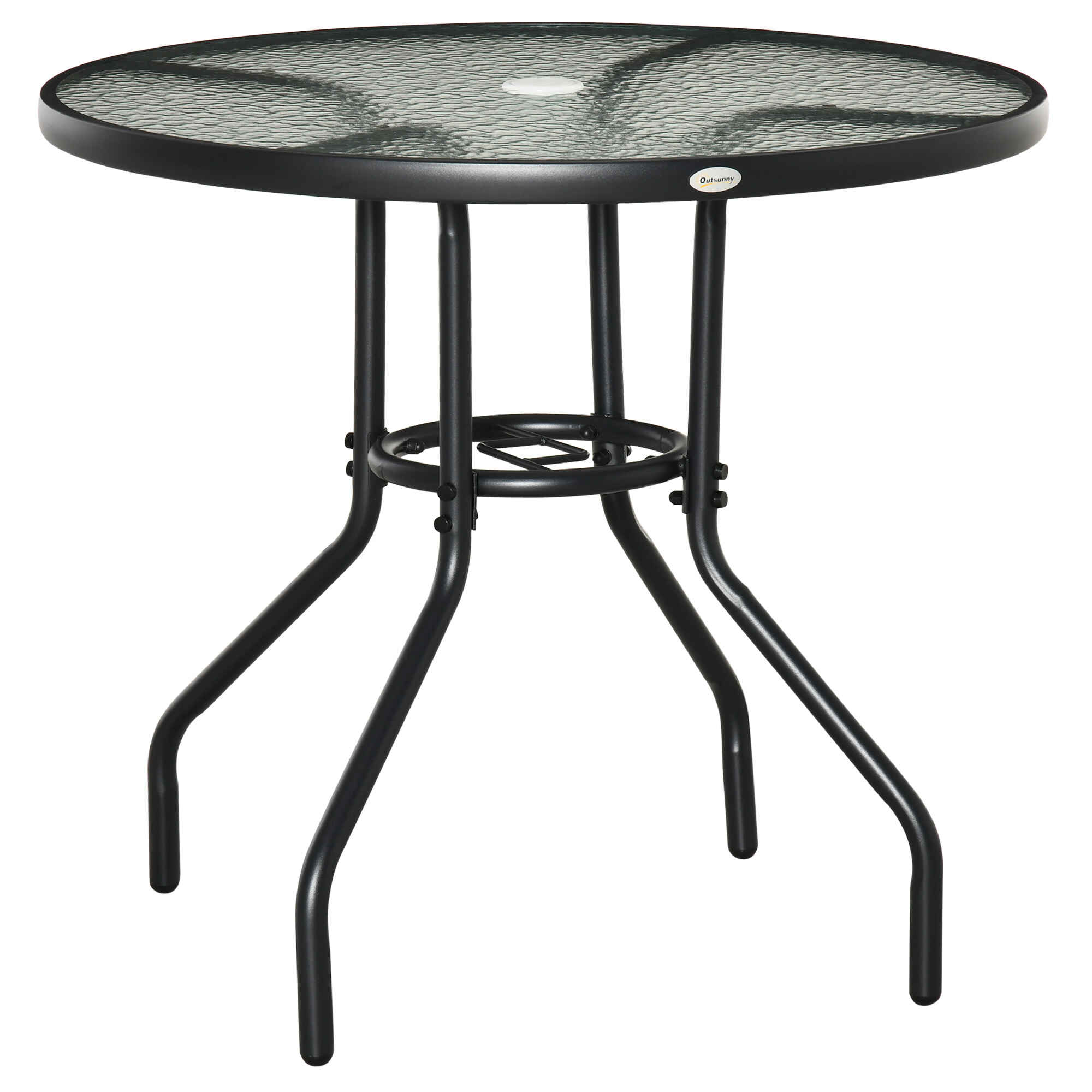 Mesa de Jardín Redonda Mesa de Exterior Ø80x72 cm con Agujero para Sombrilla y Encimera de Vidrio Templado para Patio Terraza Negro