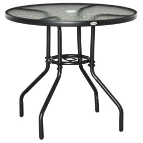 Mesa de Jardín Redonda Mesa de Exterior Ø80x72 cm con Agujero para Sombrilla y Encimera de Vidrio Templado para Patio Terraza Negro