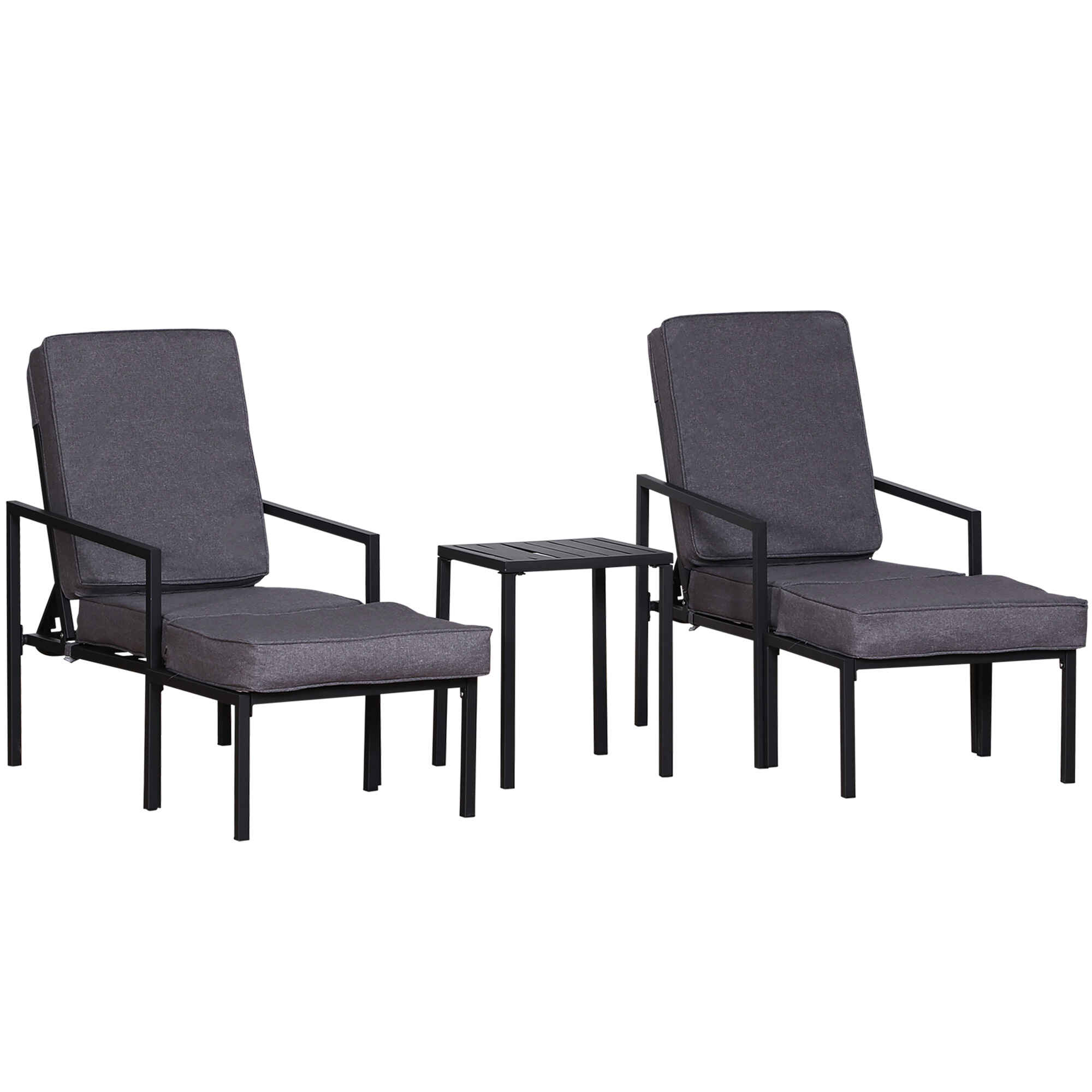 Conjunto Mueble Exterior Apto Jardín Incluye 2 Sillas 2 Taburetes 1 Mesa para Café con Cojín Suave 5 Niveles en Respaldo Reclinable Gris y Negro