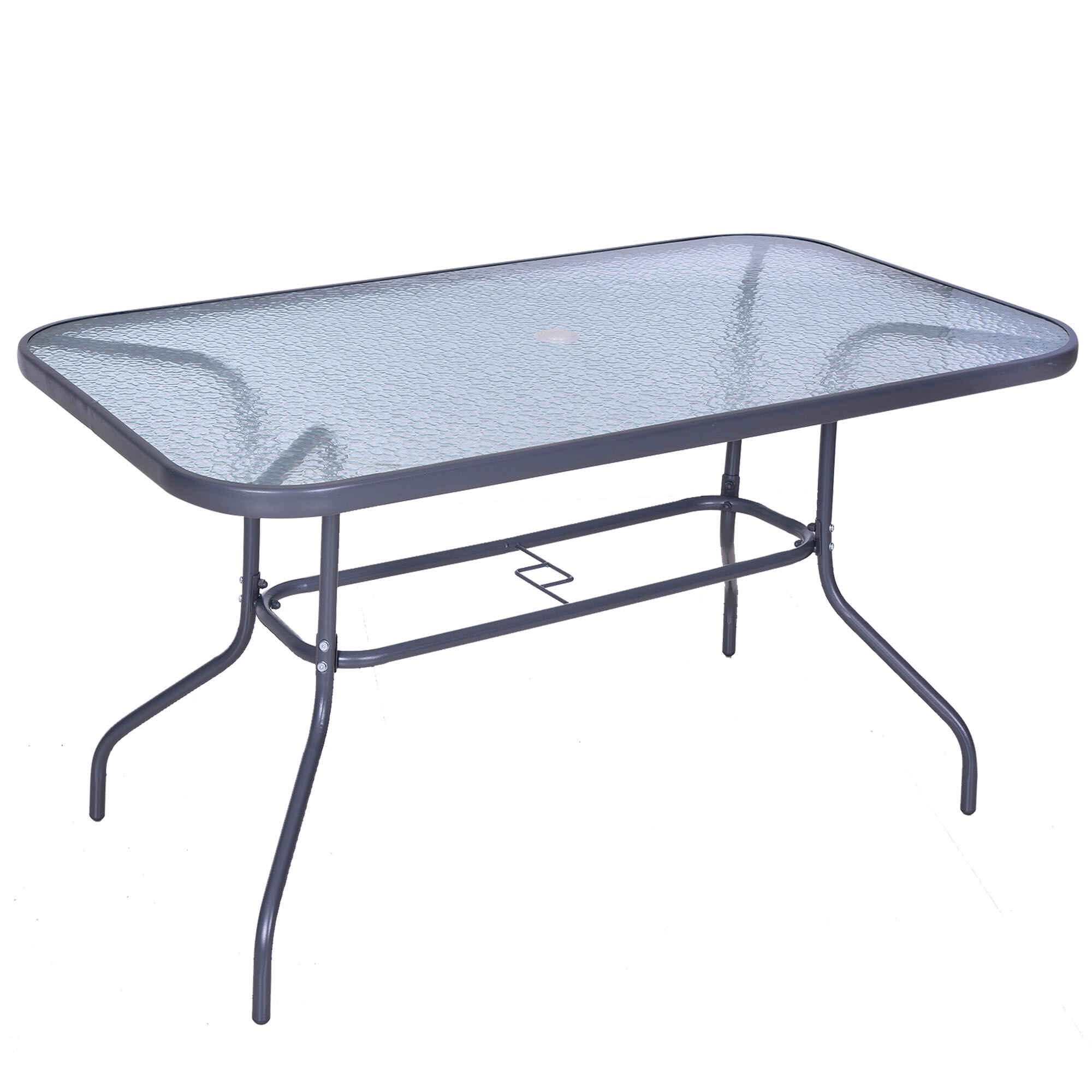 Mesa de Jardín Exterior Rectangular de Metal Bordes Curvos con Orificio para Sombrilla Capacidad 70kg Vidrio Templado 140x80x70 cm Gris Carbón
