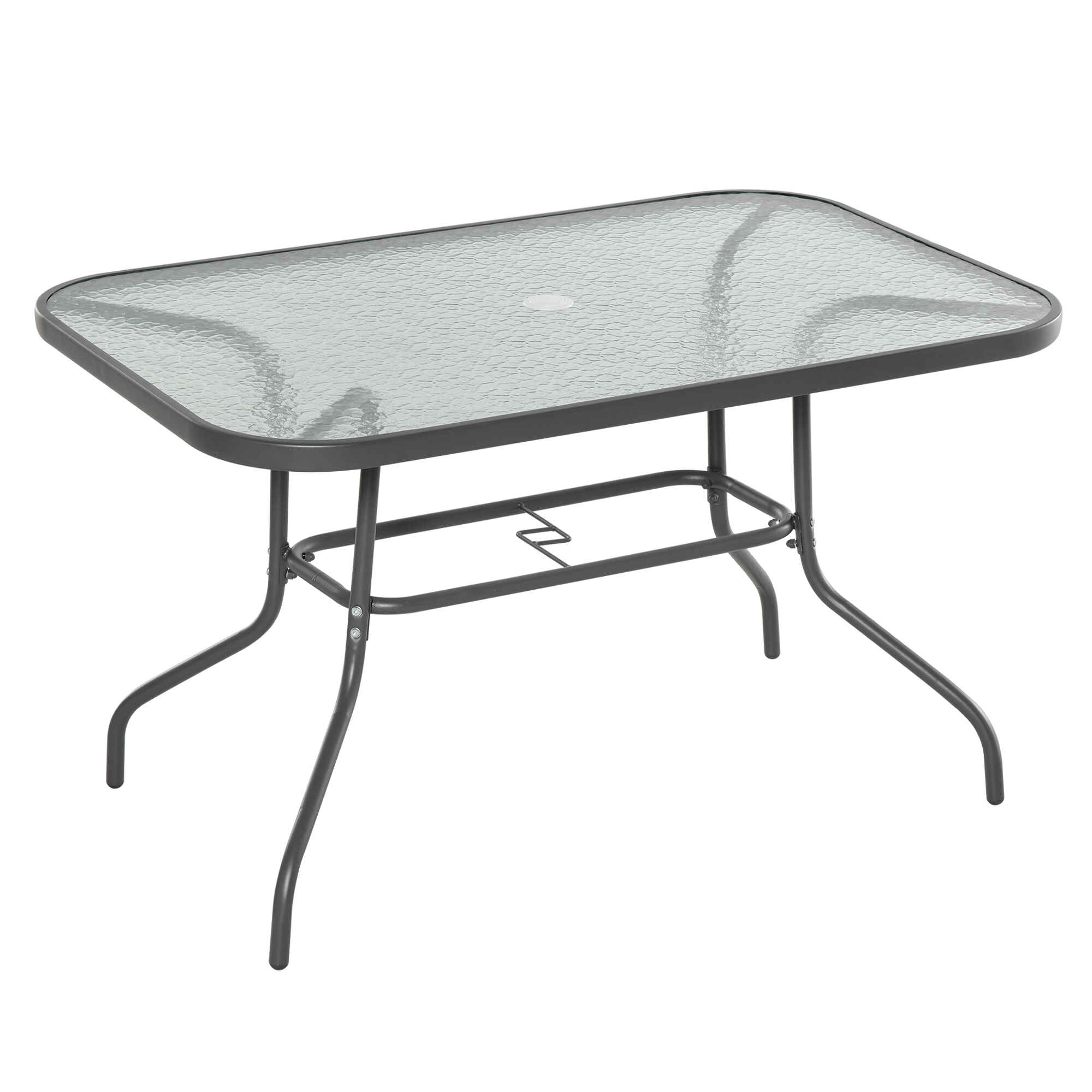 Mesa de Jardín Exterior Rectangular de Metal Bordes Curvos con Orificio para Sombrilla Capacidad 70kg Vidrio Templado 120x80x70 cm Gris Carbón