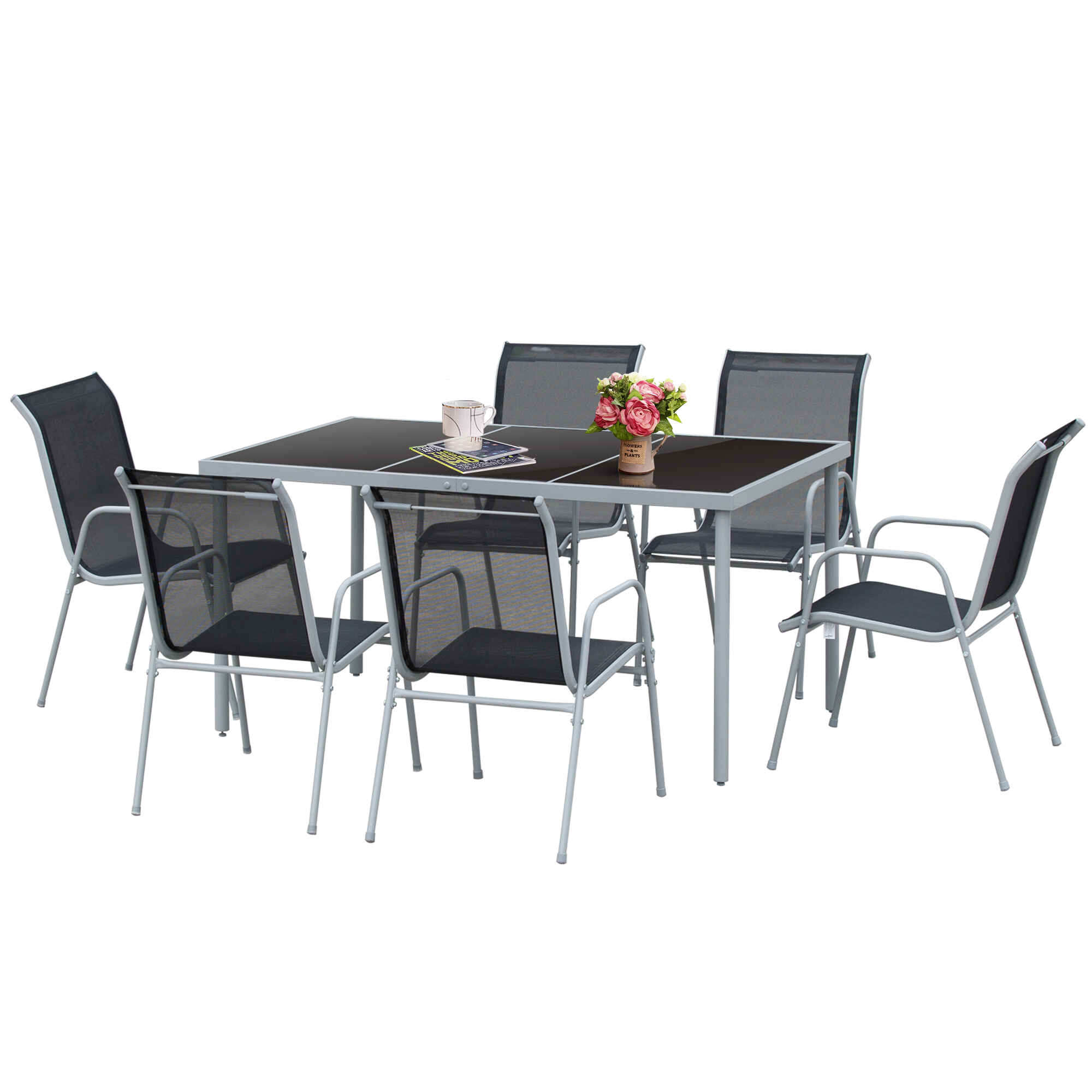 Conjunto de Muebles Exterior para Jardín de 7 Piezas Incluye 1 Mesa y 6 Sillas con Resposabrazos Fabricado a Acero Decorativo Estilo Moderno Limpiar Fácil 150x90x72cm Color Negro
