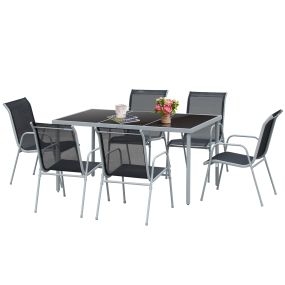 Conjunto de Muebles Exterior para Jardín de 7 Piezas Incluye 1 Mesa y 6 Sillas con Resposabrazos Fabricado a Acero Decorativo Estilo Moderno Limpiar Fácil 150x90x72cm Color Negro