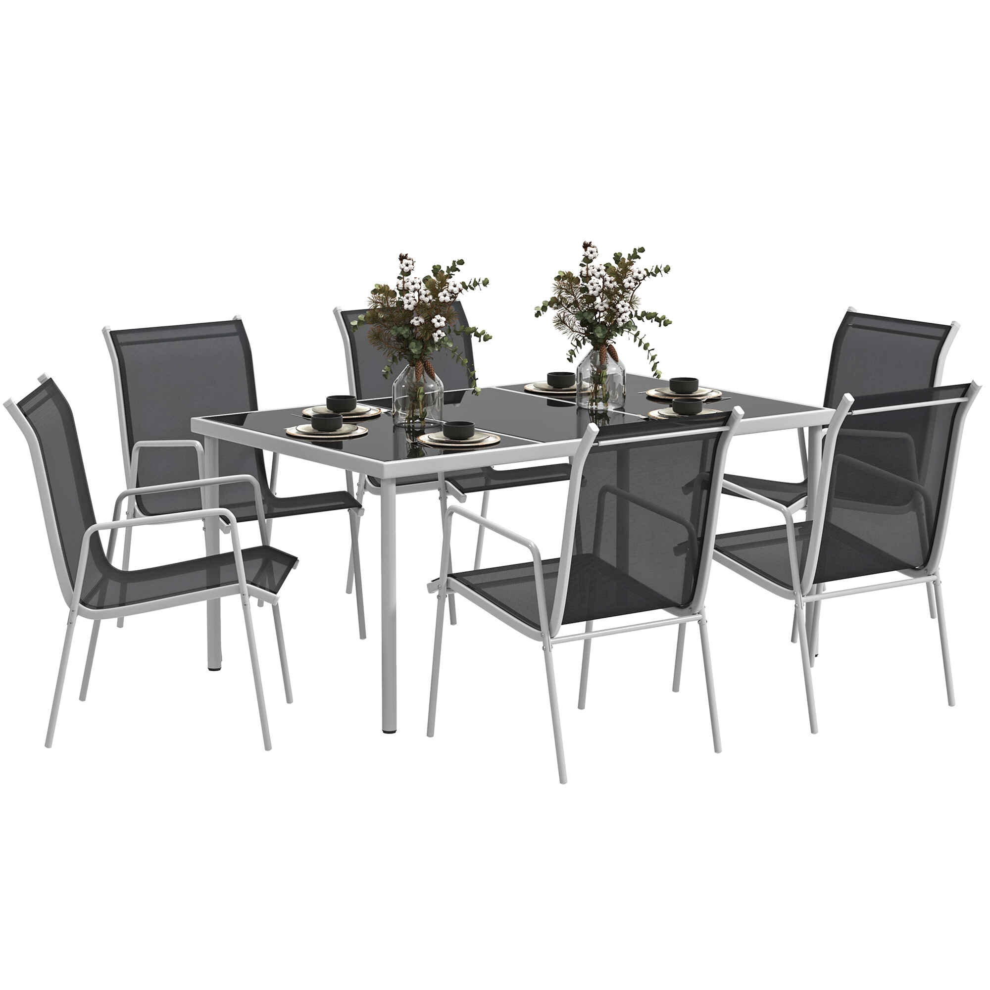 Conjunto de Comedor de Exterior Juego de Comedor de Jardín de 7 Piezas con 1 Mesa 6 Sillas Apilables y Marco de Acero para Terraza Patio Negro