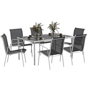 Conjunto de Comedor de Exterior Juego de Comedor de Jardín de 7 Piezas con 1 Mesa 6 Sillas Apilables y Marco de Acero para Terraza Patio Negro