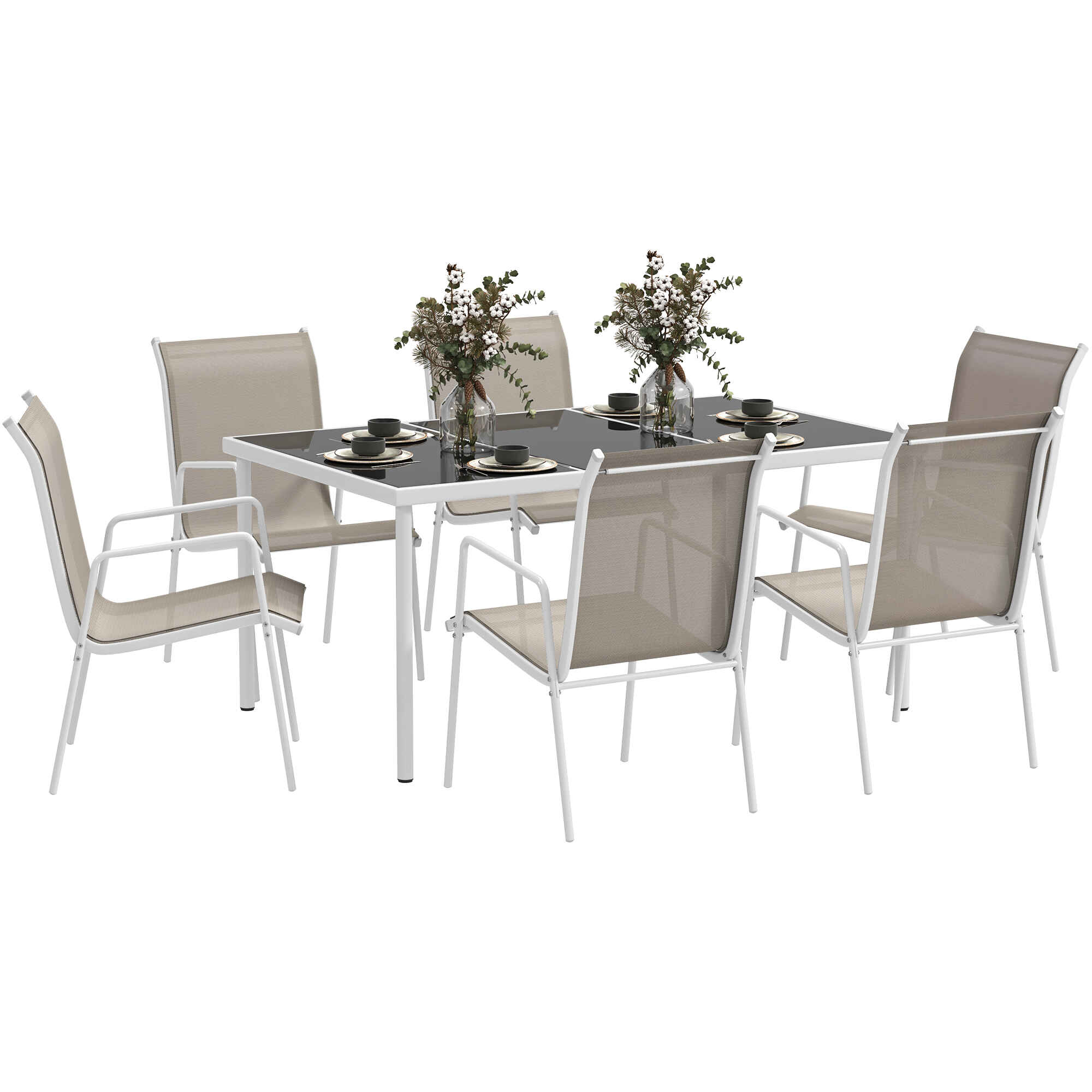 Conjunto de Comedor de Exterior Juego de Comedor de Jardín de 7 Piezas con 1 Mesa 6 Sillas Apilables y Marco de Acero para Terraza Patio Blanco y Gris