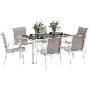 Conjunto de Comedor de Exterior Juego de Comedor de Jardín de 7 Piezas con 1 Mesa 6 Sillas Apilables y Marco de Acero para Terraza Patio Blanco y Gris