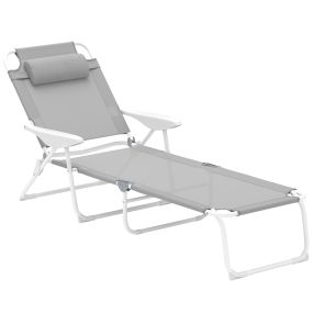 Tumbona Plegable Tumbona Jardín Exterior con Respaldo Ajustable Reposacabezas Extraíble y Estructura de Metal Carga 120 kg para Terraza Piscina Playa 160x66x98 cm Gris