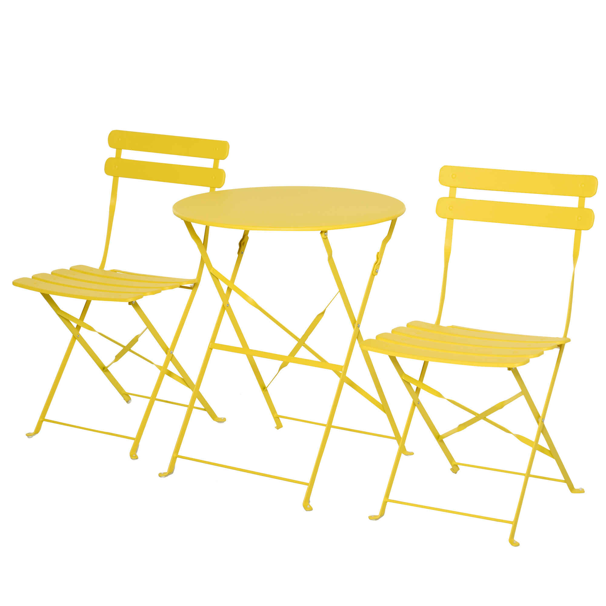 Conjunto Muebles Plegables de Jardín de 3 piezas Mesa y 2 Sillas de Metal para Balcón Terraza Exteriores Ø60x71 cm Amarillo
