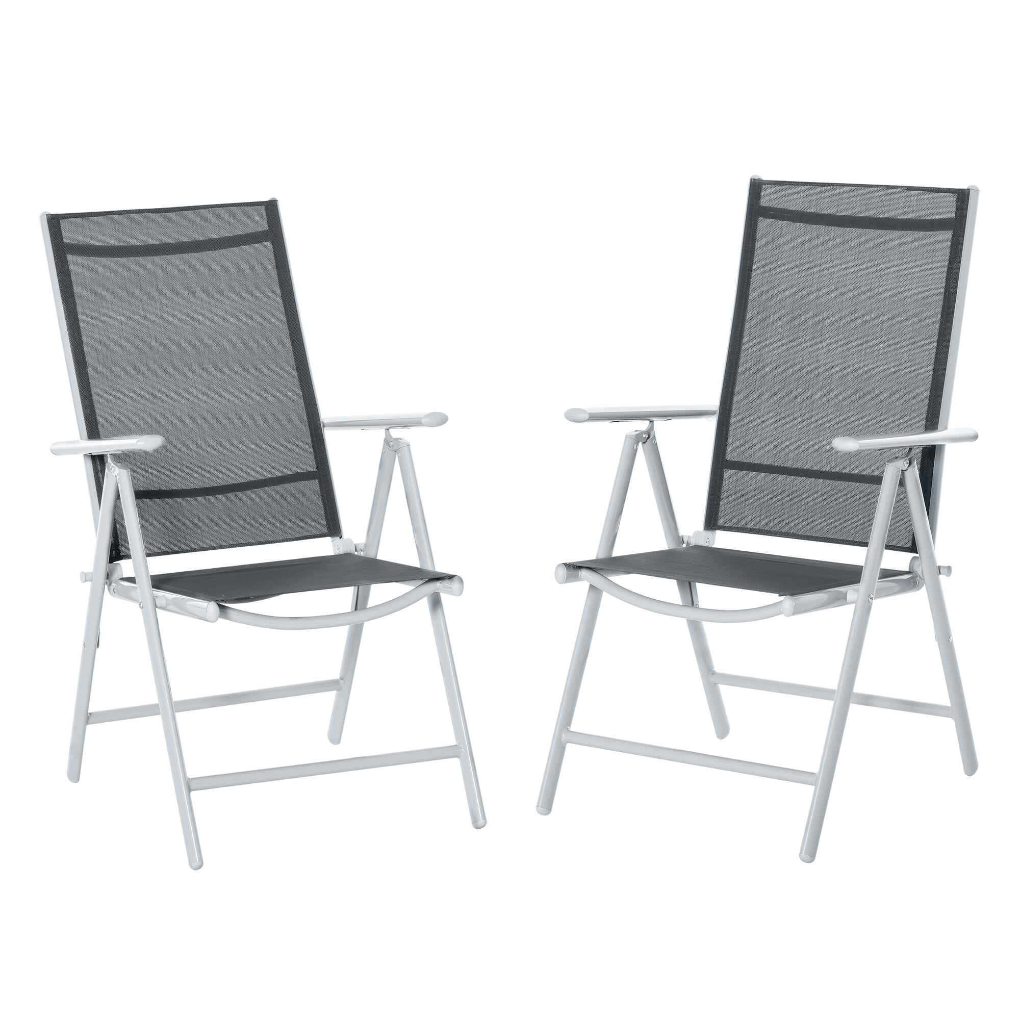 Set de 2 Sillas de Comedor de Jardín Plegables de Aluminio con Respaldo Alto Ajustable de 7 Niveles y Reposabrazos Transpirable 65x55x107 cm Gris
