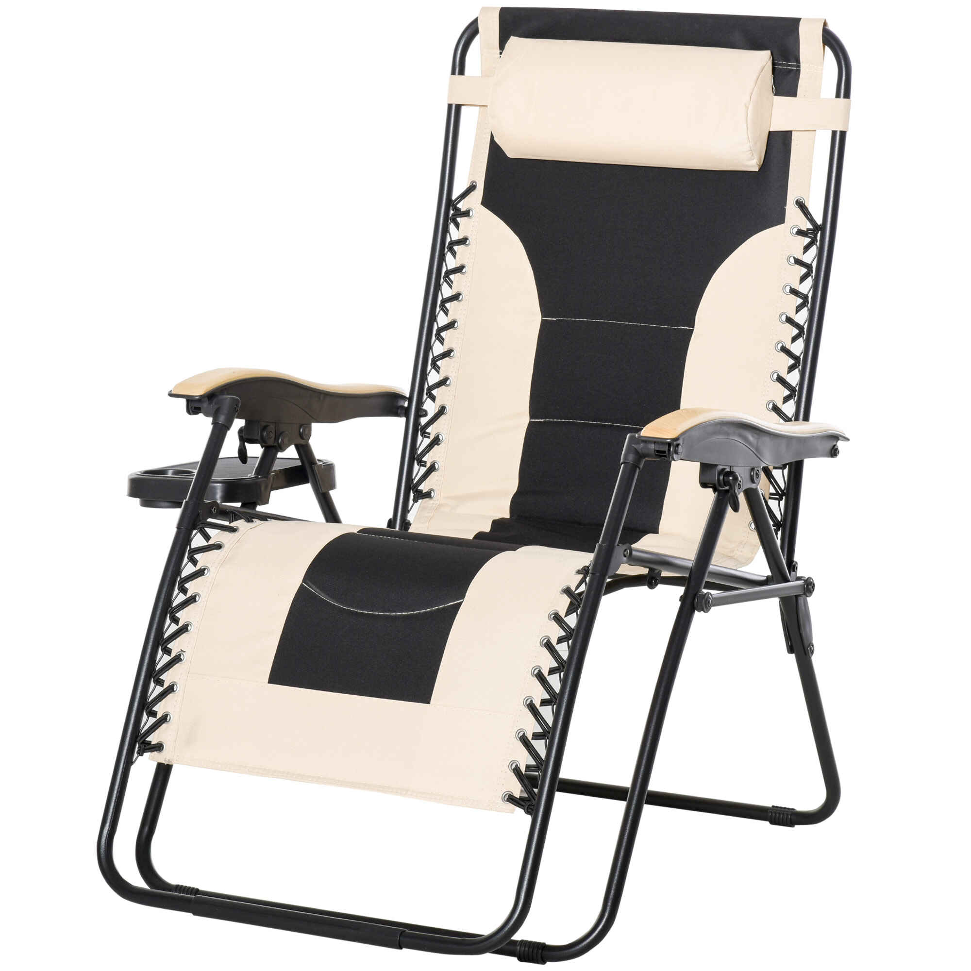 Tumbona Plegable y Reclinable de Acero con Portavasos Reposacabezas Extraíble y Reposabrazos para Exterior Jardín 90x75x110 cm Beige