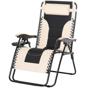 Tumbona Plegable y Reclinable de Acero con Portavasos Reposacabezas Extraíble y Reposabrazos para Exterior Jardín 90x75x110 cm Beige