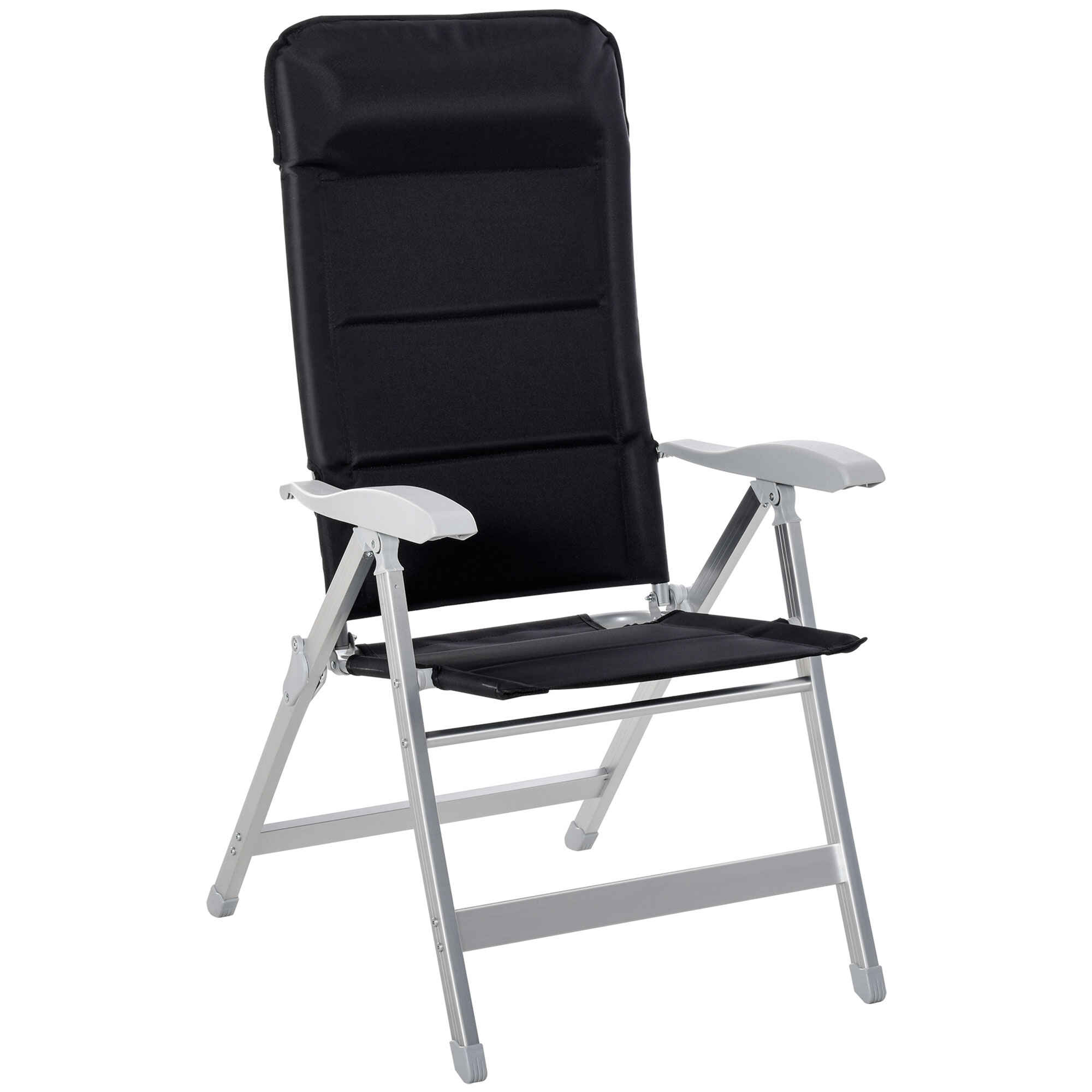 Silla de Jardín Plegable Portátil de Aluminio con Respaldo Alto Ajustable en 7 Posiciones y Reposacabezas Acolchado para Exterior Terraza Camping 75x61,5x114,5 cm Negro