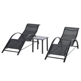Set de 2 Tumbonas Jardín Exterior con Mesa Auxiliar de Vidrio Templado Tumbonas con Respaldo Reposabrazos para Patio Piscina Terraza Exterior Negro