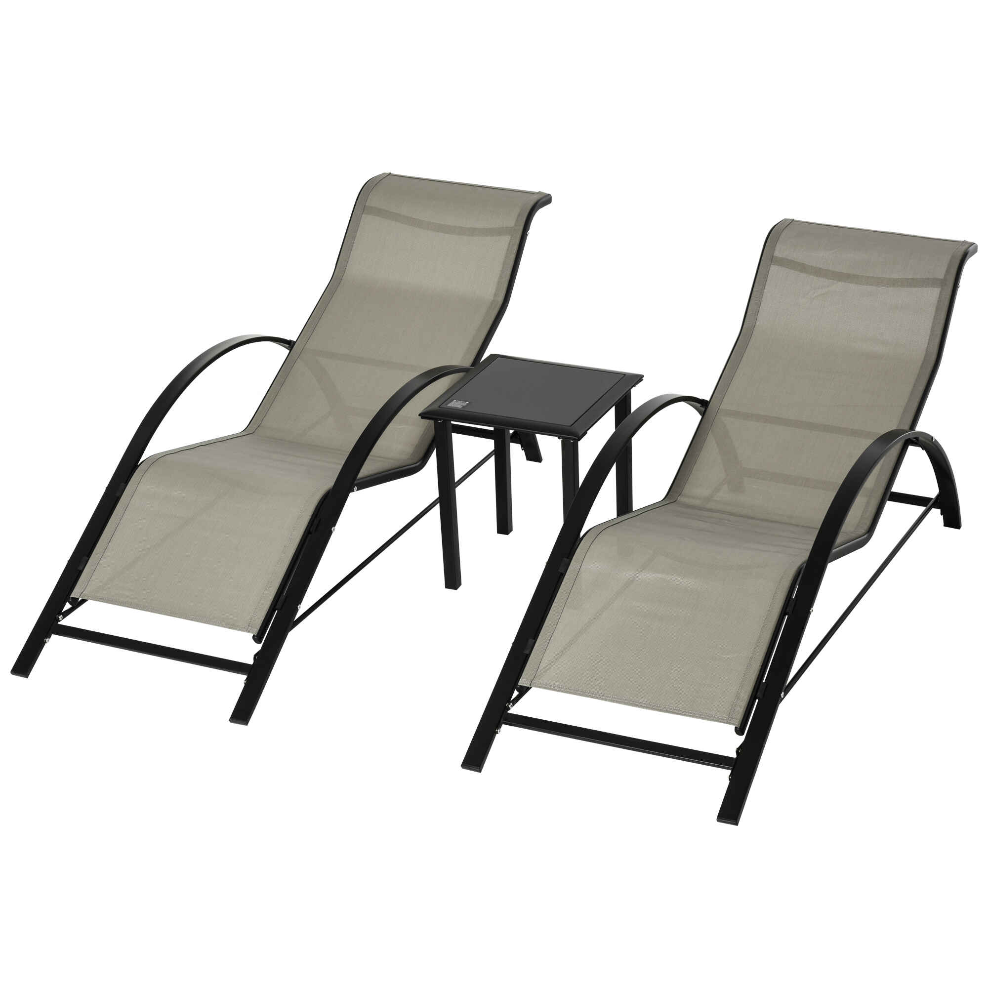 Set de 2 Tumbonas Jardín Exterior con Mesa Auxiliar de Vidrio Templado Tumbonas con Respaldo Reposabrazos para Patio Piscina Terraza Exterior Gris