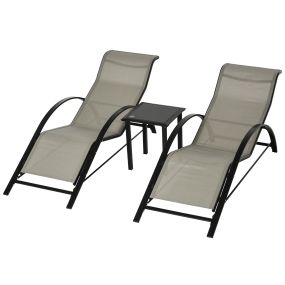 Set de 2 Tumbonas Jardín Exterior con Mesa Auxiliar de Vidrio Templado Tumbonas con Respaldo Reposabrazos para Patio Piscina Terraza Exterior Gris