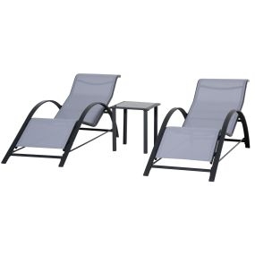 Set de 2 Tumbonas Jardín Exterior con Mesa Auxiliar de Vidrio Templado Tumbonas con Respaldo Reposabrazos para Patio Piscina Terraza Exterior Gris