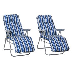 Conjunto de 2 Tumbonas Plegables Tumbonas de Jardín de Acero con Cojín Acolchado Respaldo Regulable en 5 Posiciones y Reposapiés 60x75x65-102 cm Rayas Azul