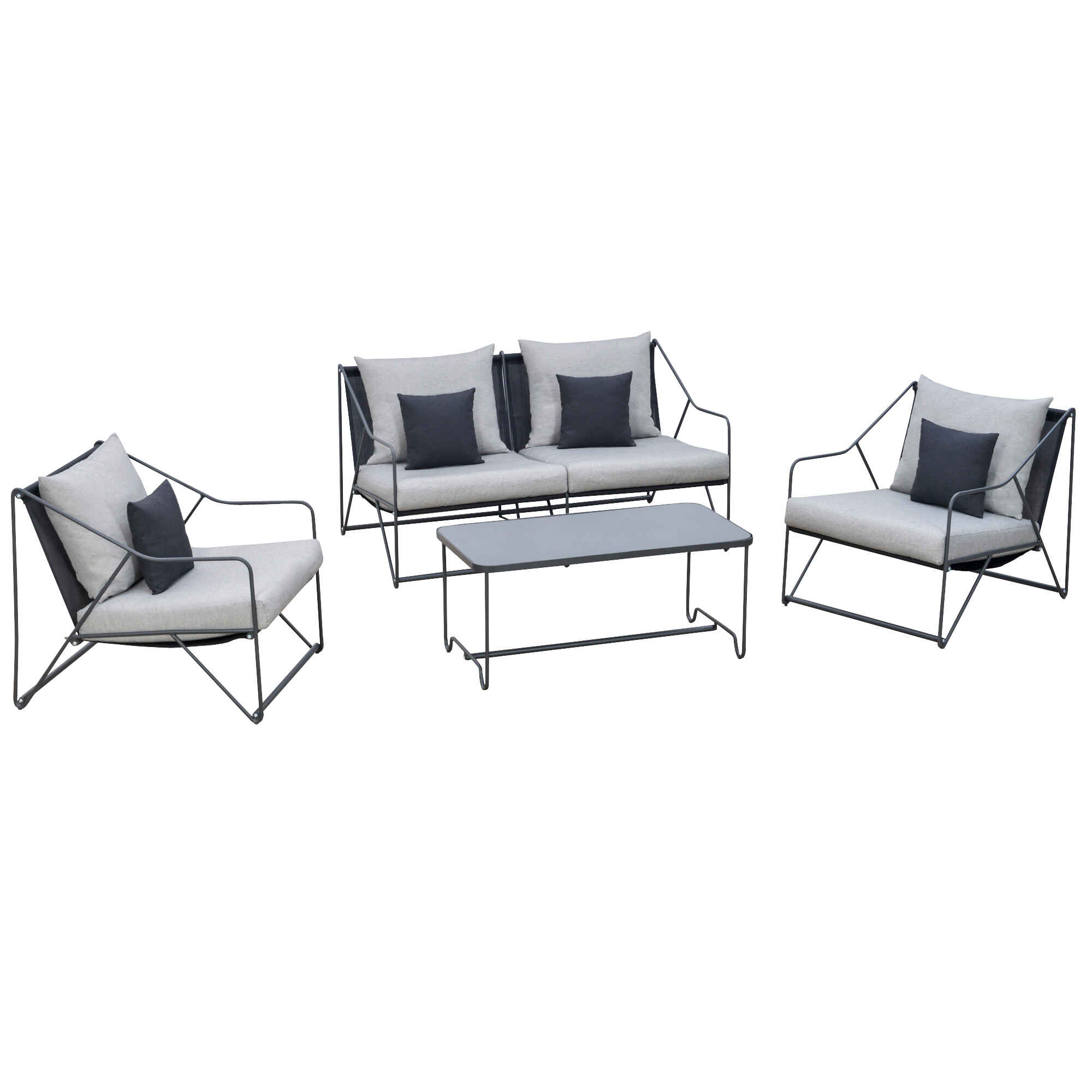 Conjunto de Muebles de Jardín 4 Piezas Set de 1 Mesa 2 Sillones 1 Sofá con Cojines Decorativos para Terraza Patio Exterior Gris