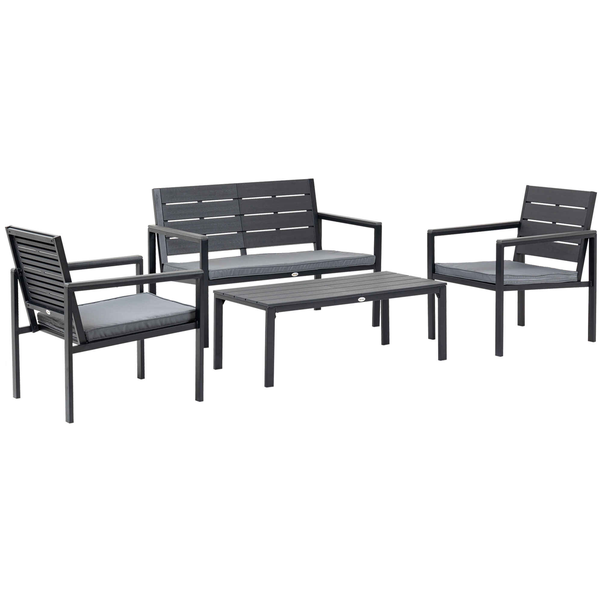 Conjunto de Muebles de Jardín 4 Piezas Mesa de Centro Banco de 2 Plazas y 2 Sillas con Cojines Desenfundables y Marco de Metal HDPE para Terraza Exterior 113x65x78 cm Gris