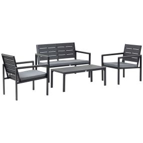 Conjunto de Muebles de Jardín 4 Piezas Mesa de Centro Banco de 2 Plazas y 2 Sillas con Cojines Desenfundables y Marco de Metal HDPE para Terraza Exterior 113x65x78 cm Gris
